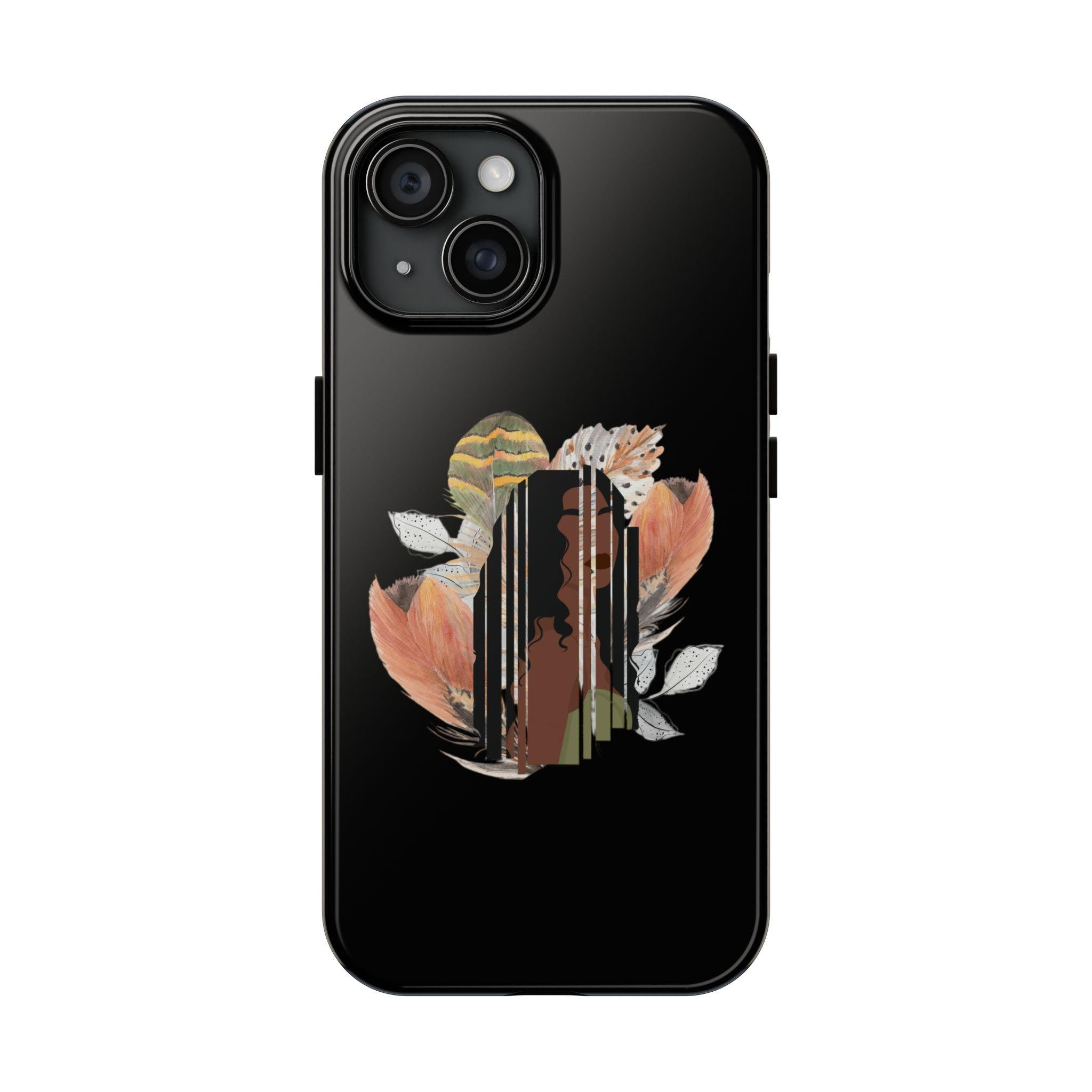Floral African American Girl Tough Phone Case: Feather Art Design